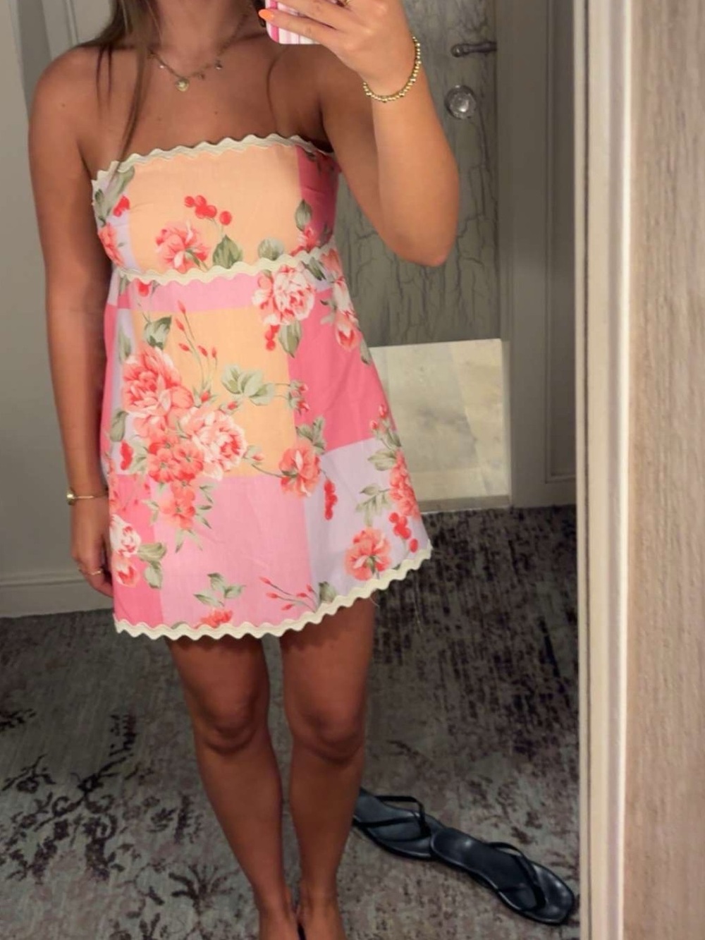Strapless Pink Floral Dress/romper with Scalloped Trim